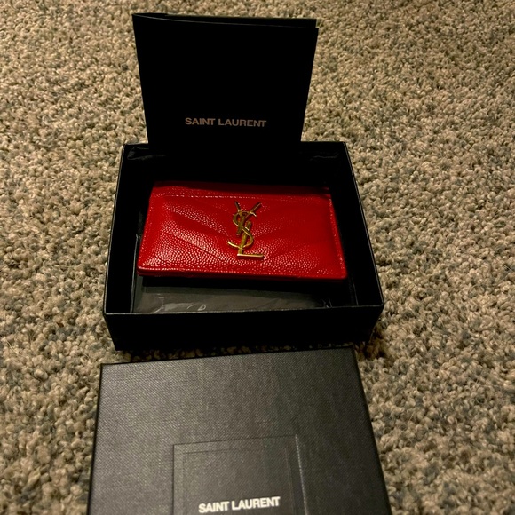 YSL Monogram Matelasse Leather Card Case in Red - Picture 7 of 9